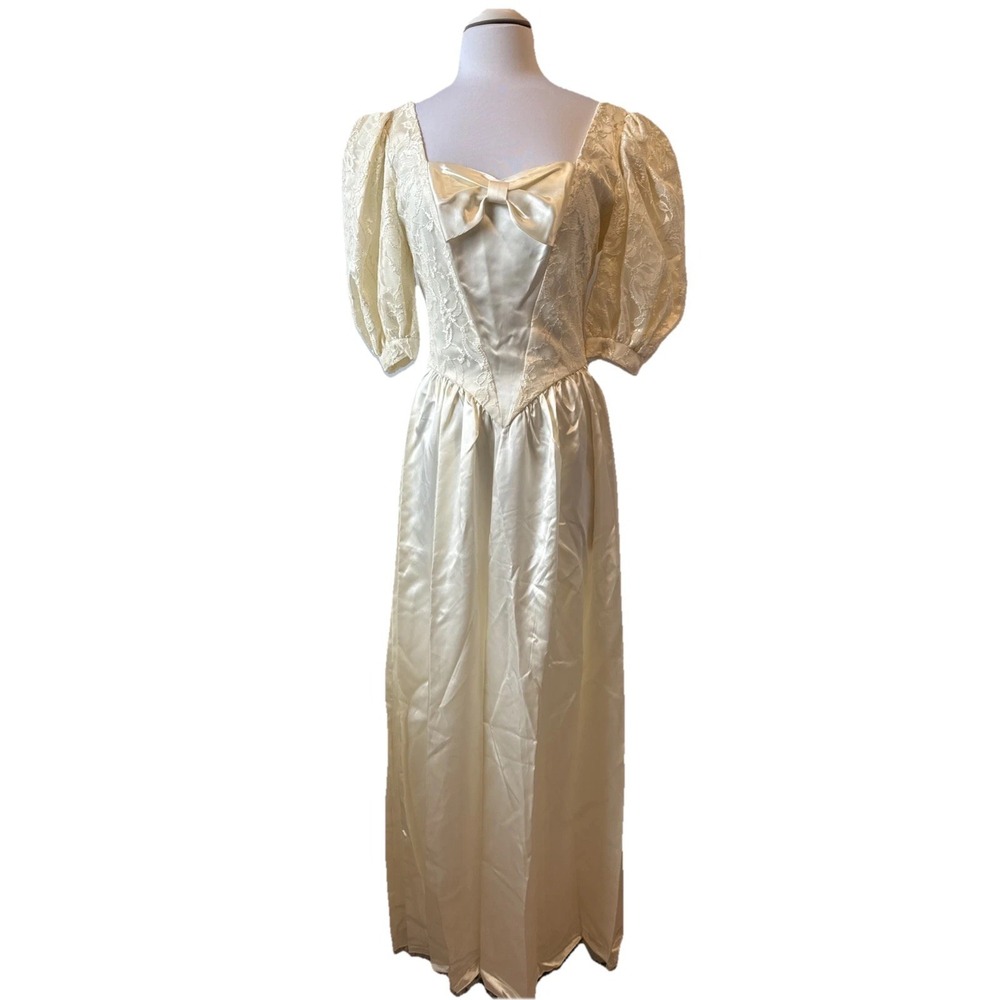 VTG 80s 90s Belle Cosplay Princess Ball Gown Puff Sleeve Lace Bow Satin Dress 8